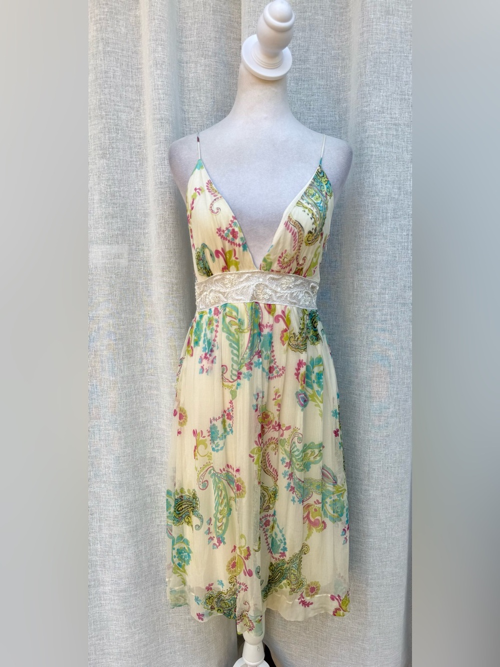 Maria Bianca Nero paisley silk white green pink summer midi a-line dress